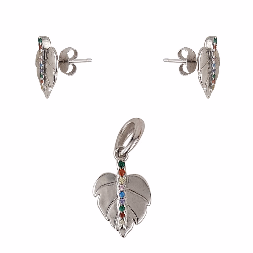 Set argint frunze cu zirconii colorate Feuilles